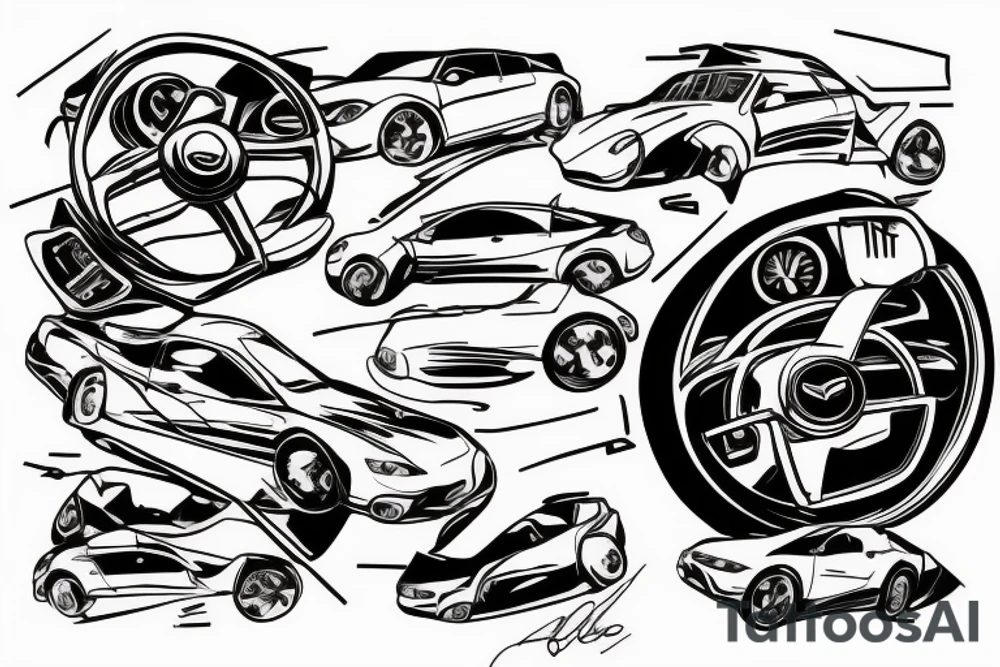 broken Mazda 3 on the background of a large speedometer tattoo idea