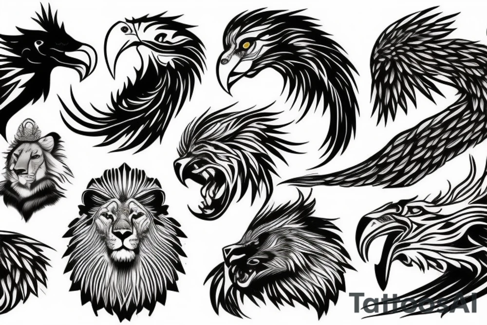 Combination of lion and eagle and eagle and wolf tattoo idea