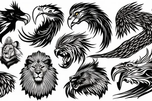 Combination of lion and eagle and eagle and wolf tattoo idea