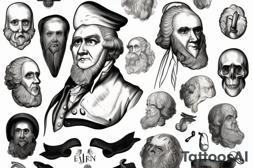 A man with a 18th century dressed with Darwin's finche head tattoo idea