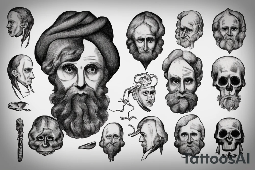 A man with a 18th century dressed with Darwin's finche head tattoo idea
