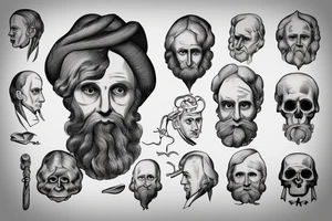 A man with a 18th century dressed with Darwin's finche head tattoo idea