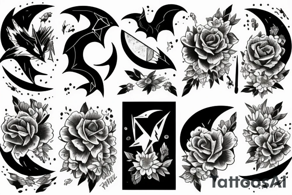 Bat, moon, lightning, flowers tattoo idea