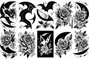 Bat, moon, lightning, flowers tattoo idea