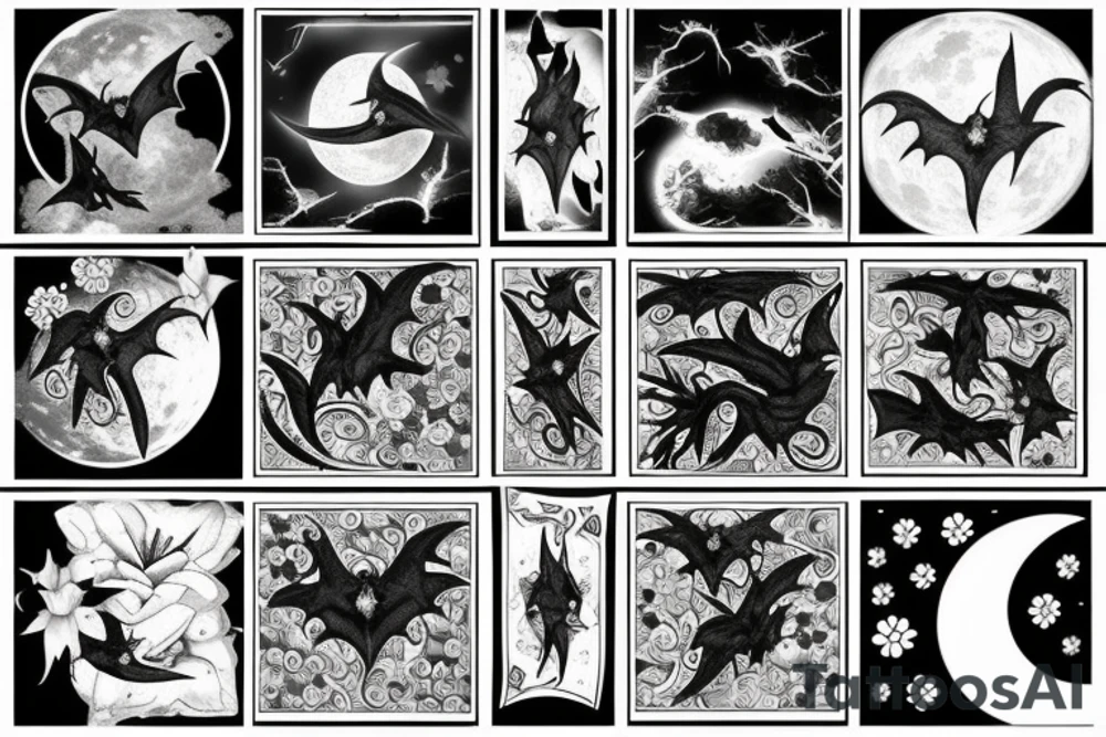 Bat, moon, lightning, flowers tattoo idea