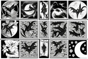 Bat, moon, lightning, flowers tattoo idea