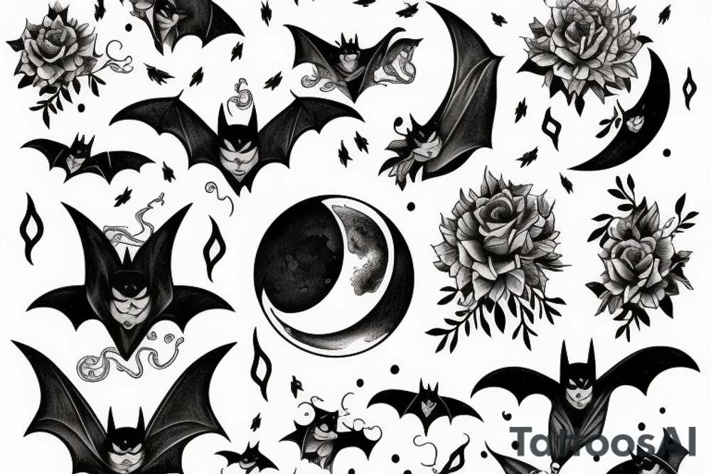 Bat, moon, lightning, flowers tattoo idea