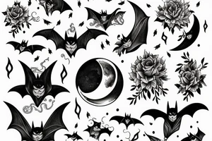 Bat, moon, lightning, flowers tattoo idea