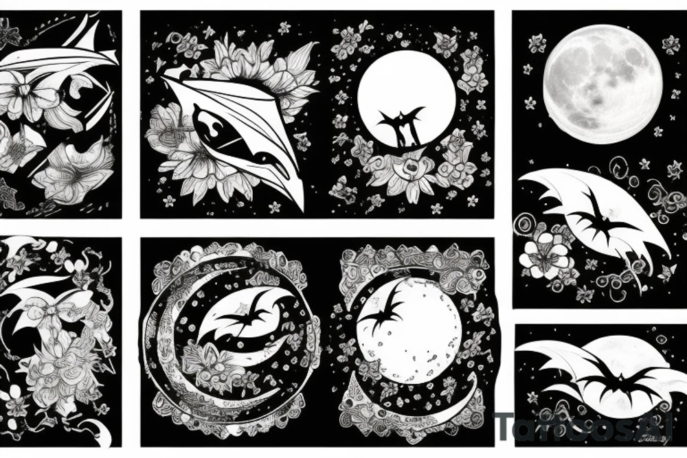 Bat, moon, lightning, flowers tattoo idea
