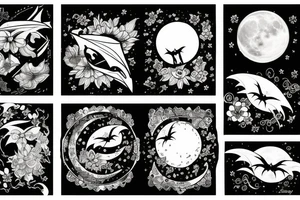 Bat, moon, lightning, flowers tattoo idea