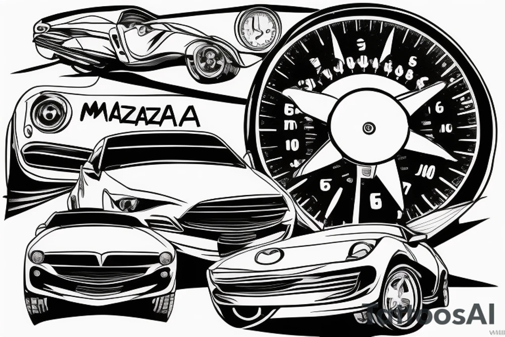 broken Mazda 3 on the background of a large speedometer tattoo idea