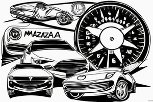 broken Mazda 3 on the background of a large speedometer tattoo idea