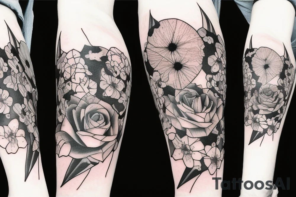 Bat, moon, lightning, flowers tattoo idea