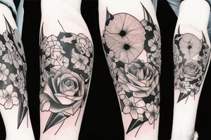 Bat, moon, lightning, flowers tattoo idea