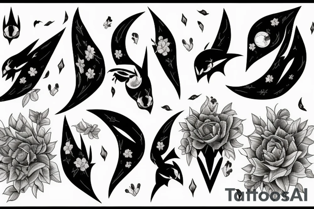 Bat, moon, lightning, flowers tattoo idea