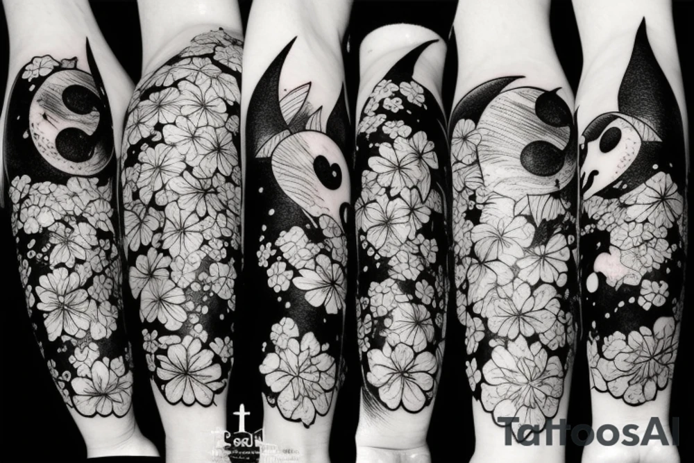 Bat, moon, lightning, flowers tattoo idea