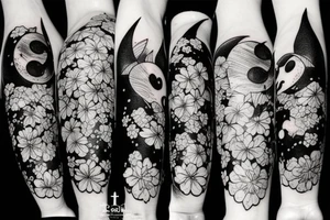 Bat, moon, lightning, flowers tattoo idea