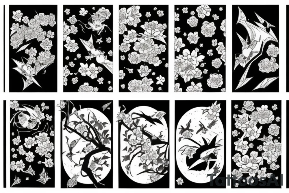 Bat, moon, lightning, flowers tattoo idea