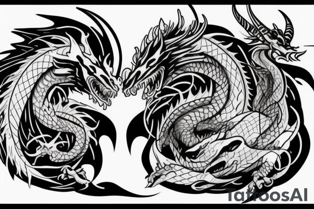 Dragon and angry bull looking in opposite directions tattoo idea