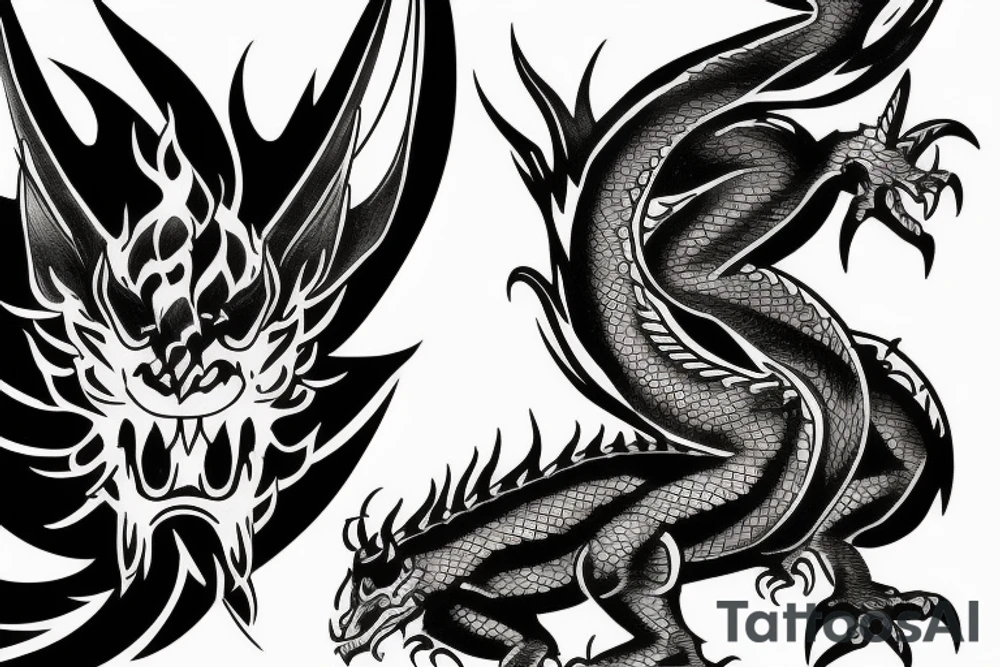 Dragon and angry bull looking in opposite directions tattoo idea Dragon and angry bull looking in opposite directions tattoo idea
