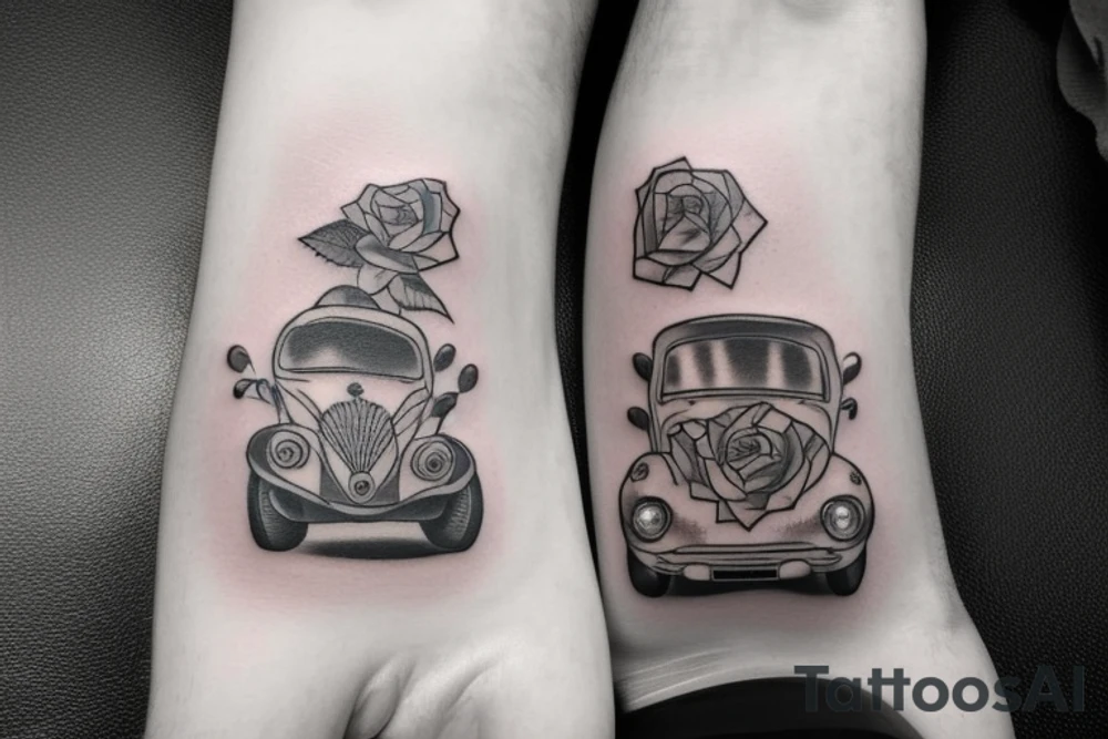 Memorial tattoo for passed friend named faraz with a car and a road and a rose tattoo idea