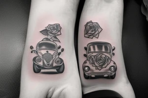Memorial tattoo for passed friend named faraz with a car and a road and a rose tattoo idea