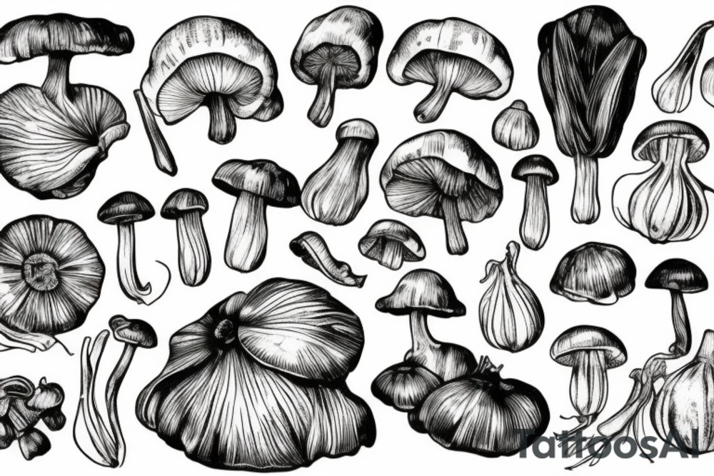 Botanical illustration of onion, mushrooms, garlic etc tattoo idea