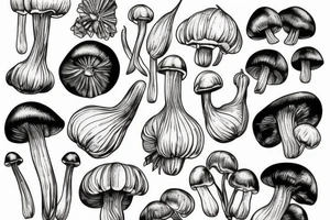Botanical illustration of onion, mushrooms, garlic etc tattoo idea