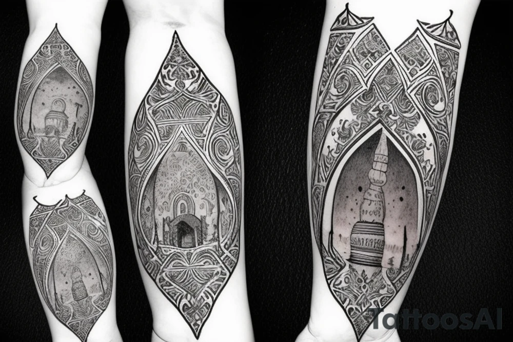 A arabian palm with old home and dallah tattoo idea