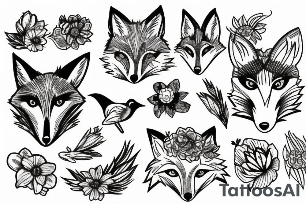 Fox, bird, flowers tattoo idea