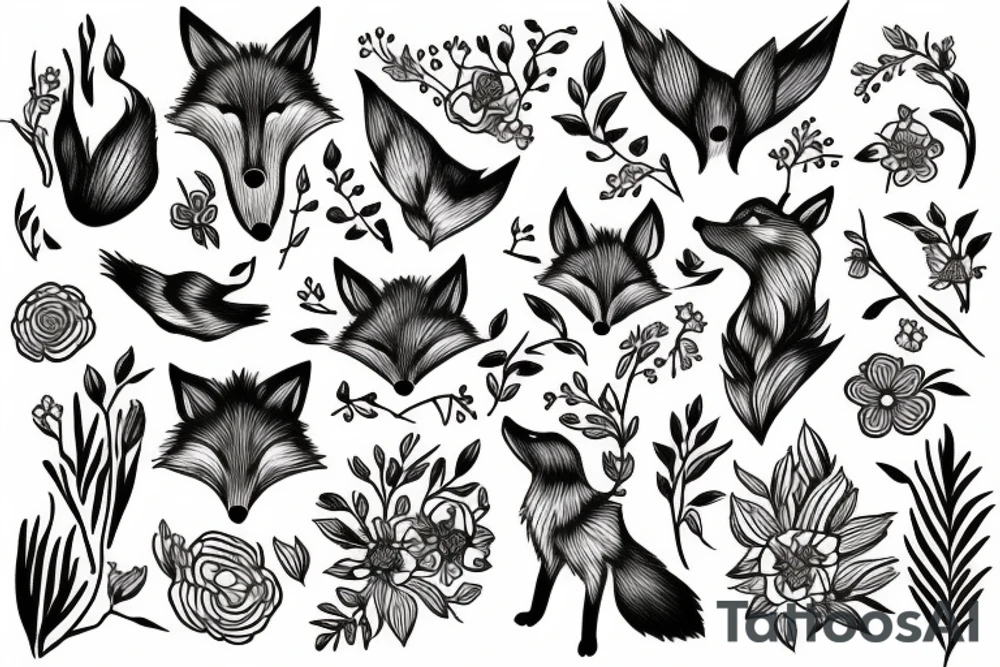 Fox, bird, flowers tattoo idea