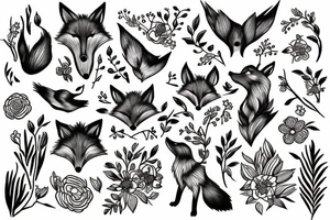 Fox, bird, flowers tattoo idea