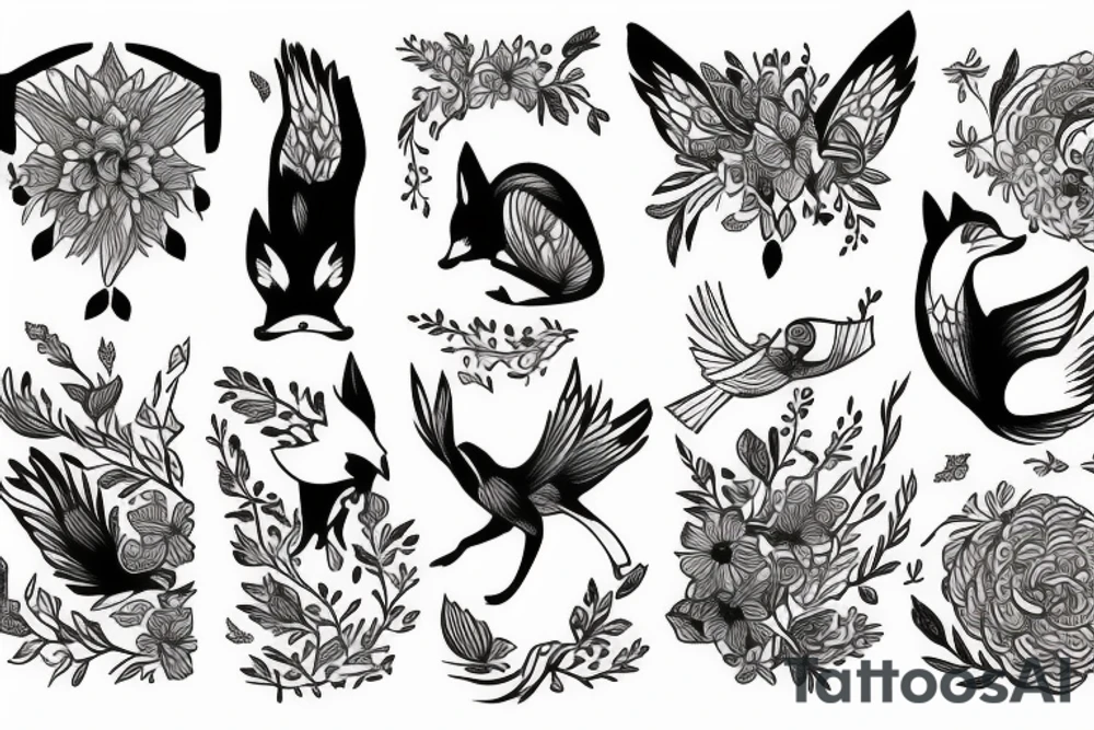Fox bird and flowers tattoo idea