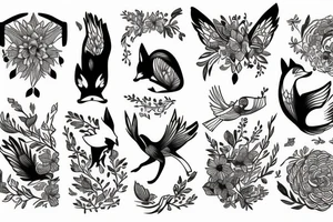 Fox bird and flowers tattoo idea