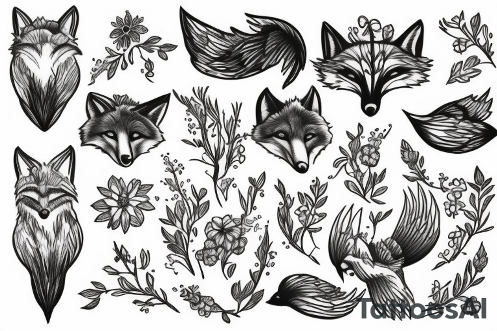 Fox bird and flowers tattoo idea