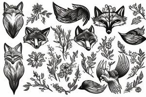 Fox bird and flowers tattoo idea