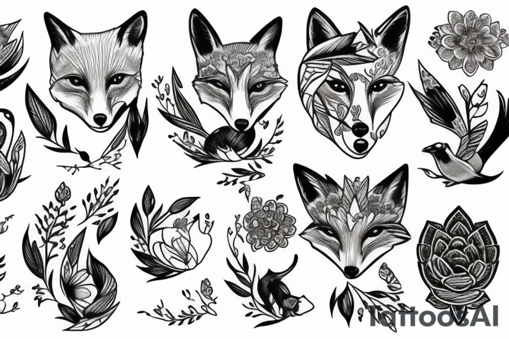 Fox and bird and flowers tattoo idea