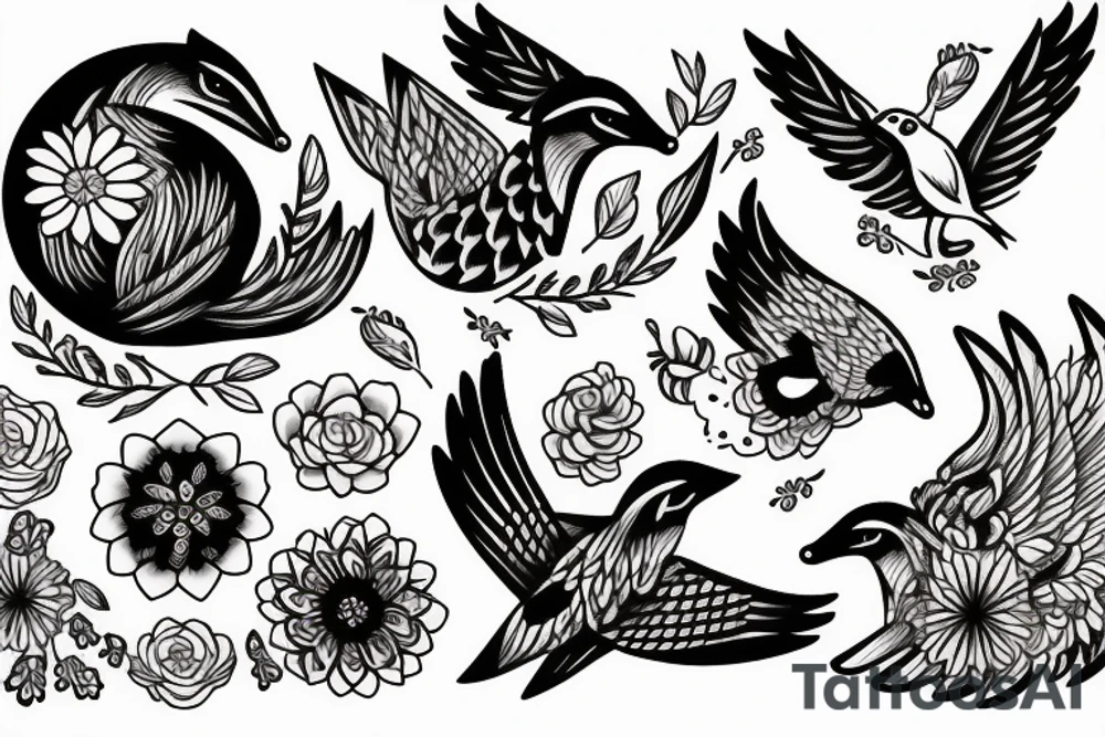 Fox and bird and flowers tattoo idea