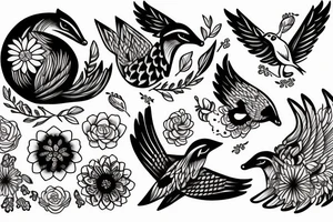Fox and bird and flowers tattoo idea