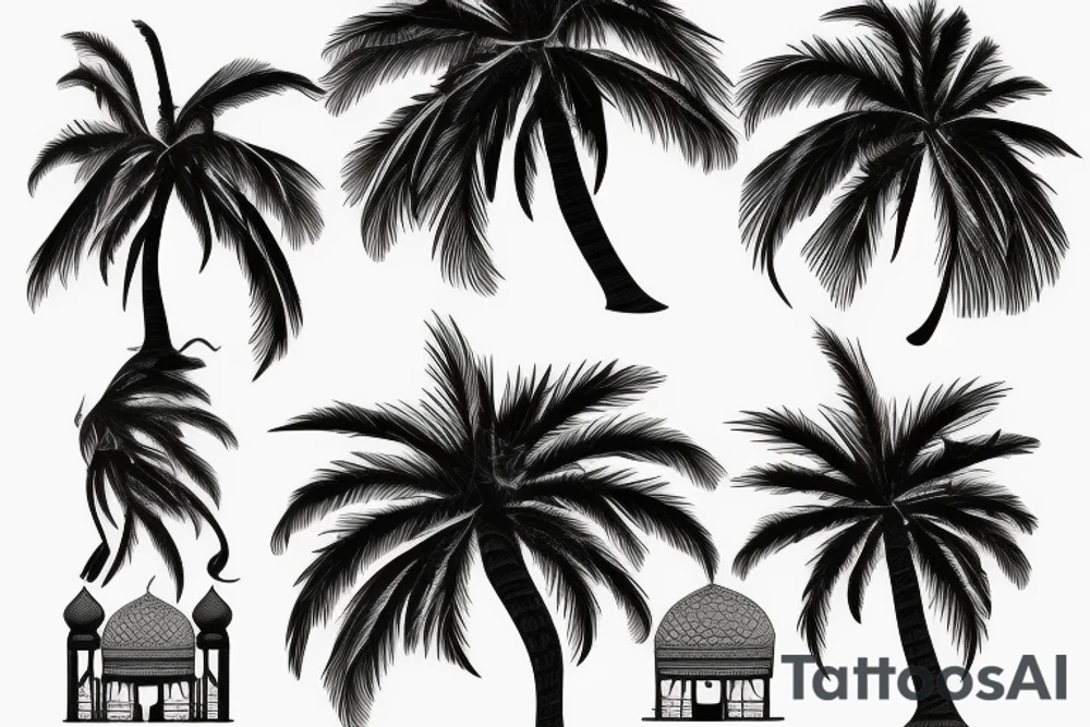 A arabian palm with old home and dallah tattoo idea