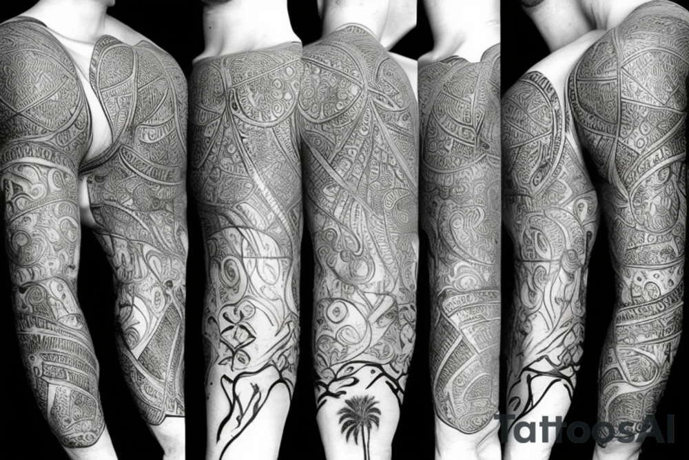 A arabian palm with old home and dallah tattoo idea