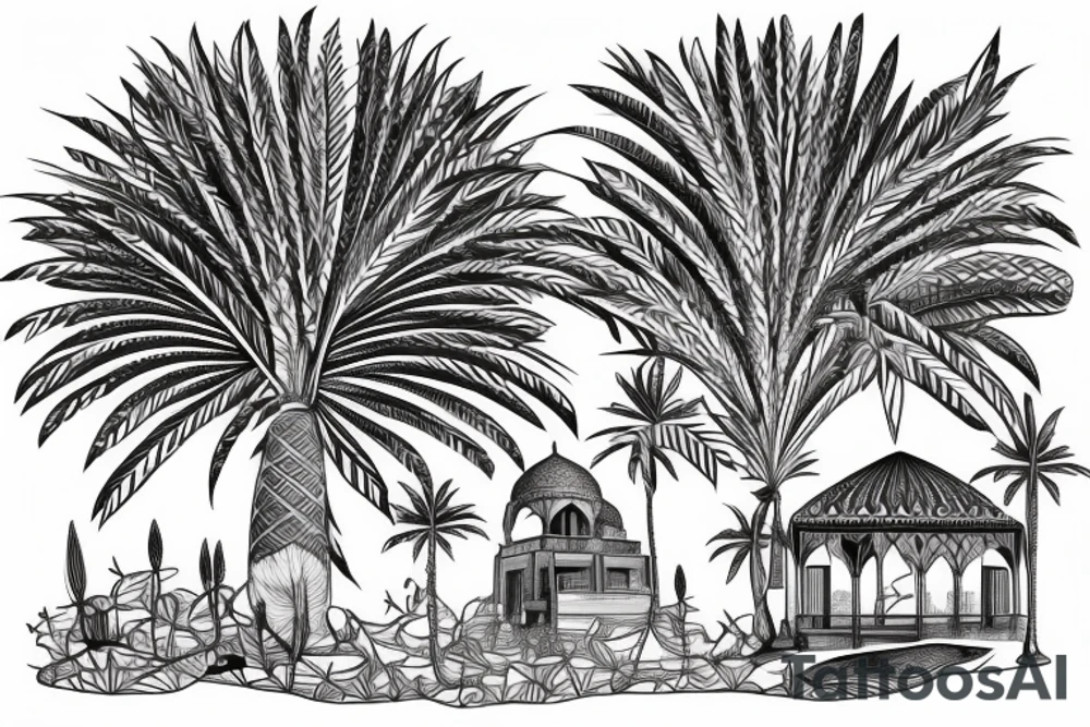 A arabian palm with old home and dallah tattoo idea