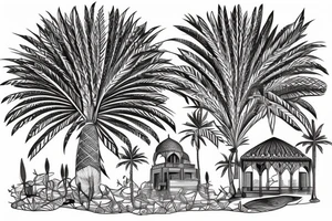 A arabian palm with old home and dallah tattoo idea