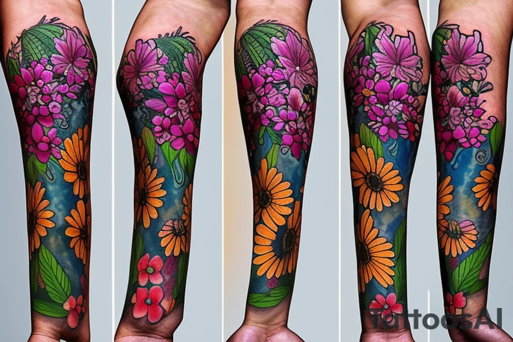 Different colored flowers and plants wrapped around the arm tattoo idea