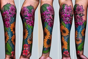 Different colored flowers and plants wrapped around the arm tattoo idea