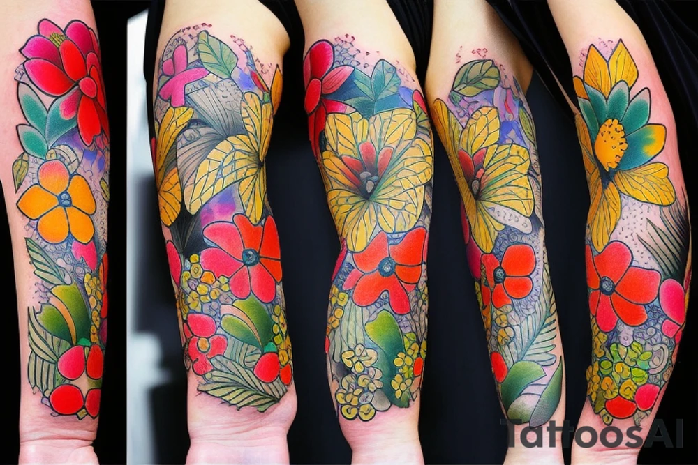 Different colored flowers and plants wrapped around the arm tattoo idea