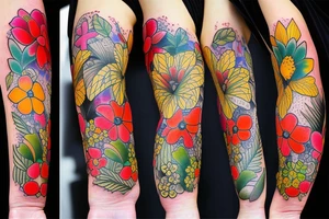 Different colored flowers and plants wrapped around the arm tattoo idea