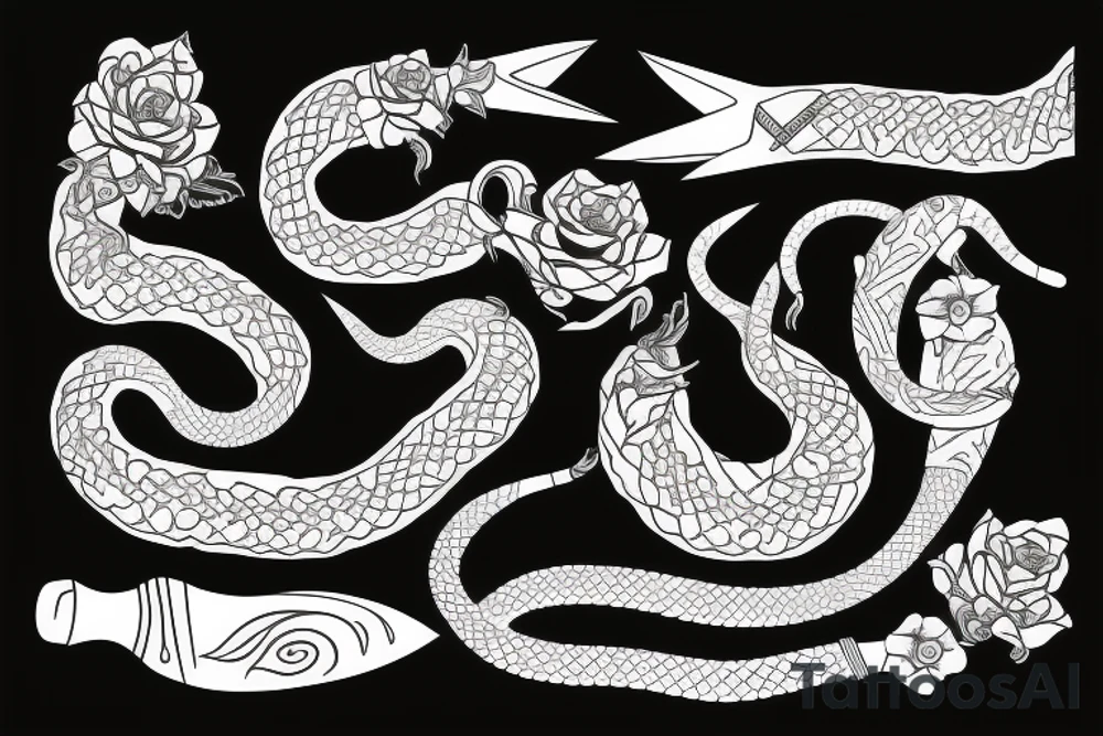 long knife with flowers and snake tattoo idea