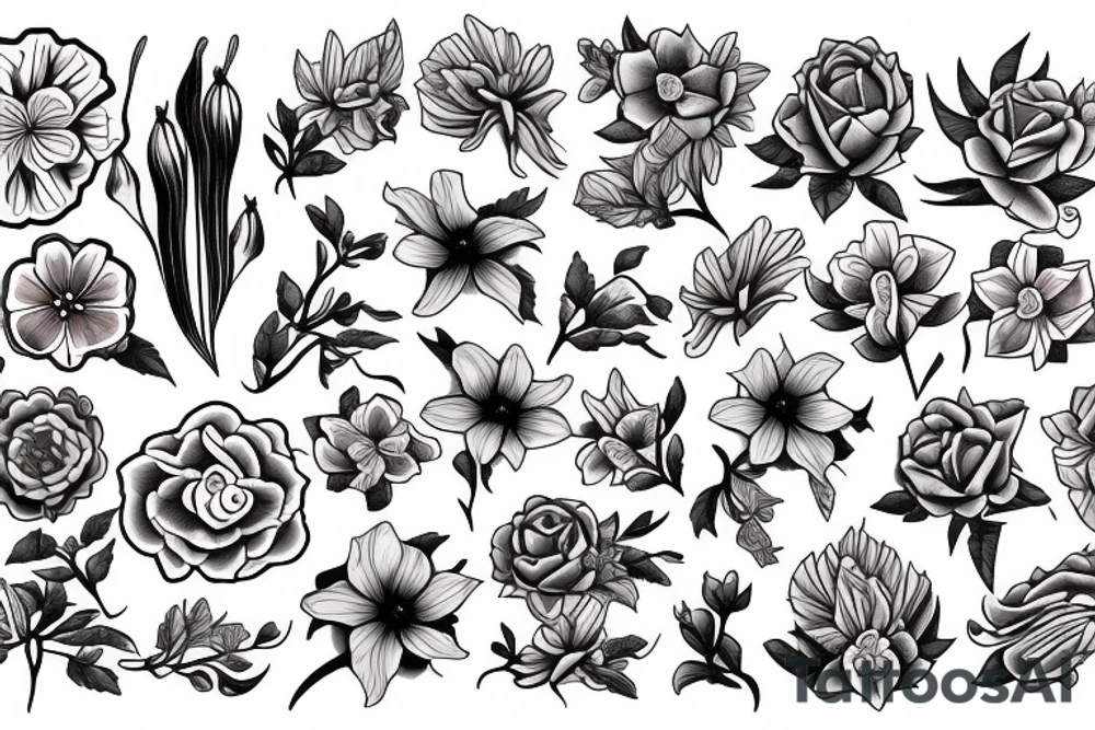 Different colored flowers and morning glory tattoo idea
