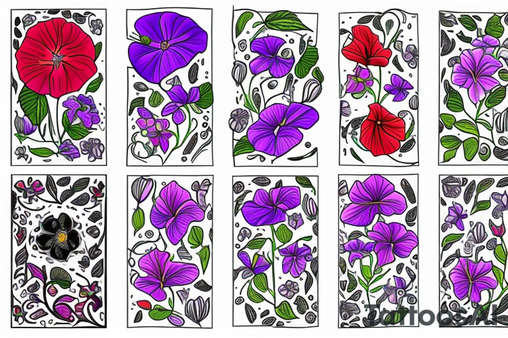 Different colored flowers and morning glory tattoo idea